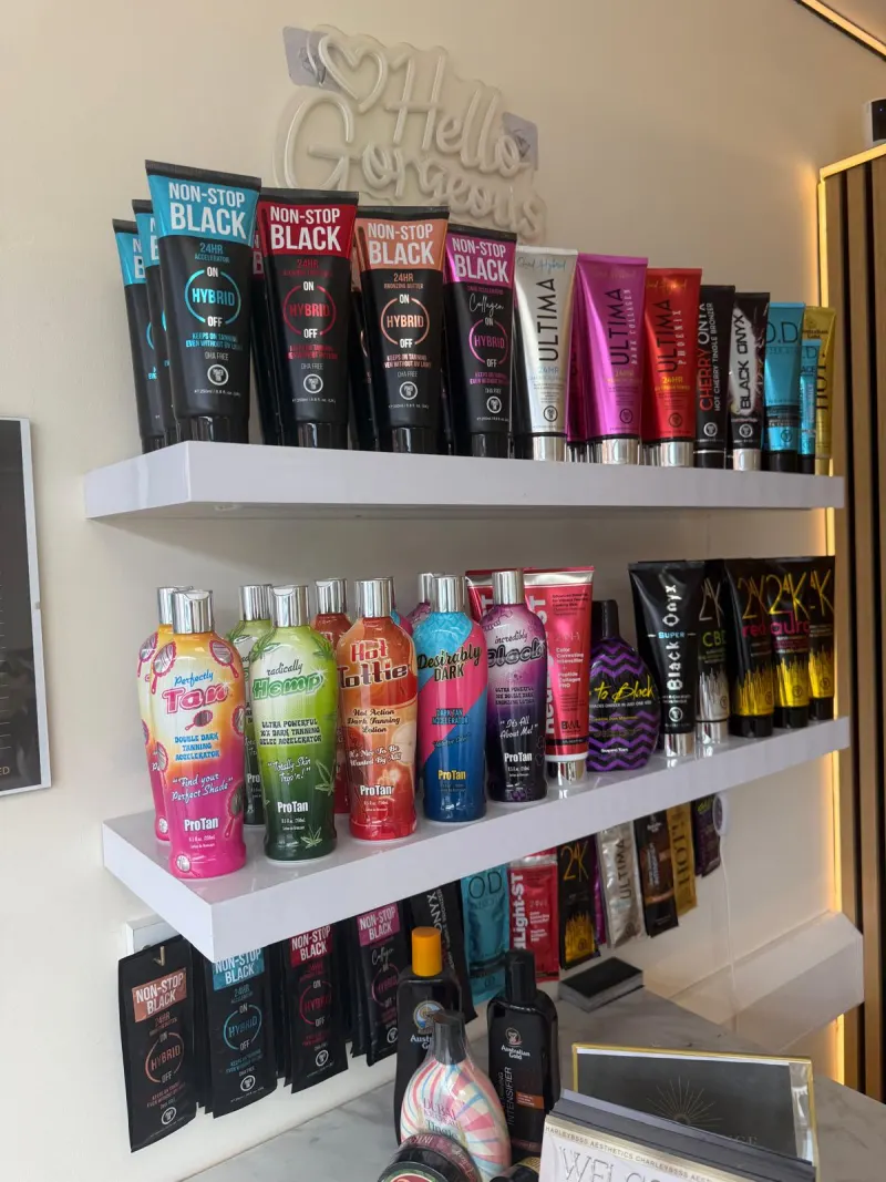 Shelves of tanning lotions for sale